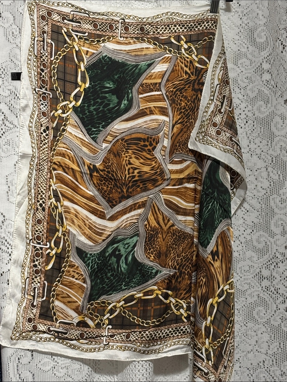 Women's Green & Brown Chain Print Silk-Feel Scarf